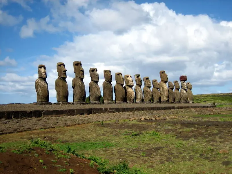 Moai facing inland at Ahu Tongariki, restored by Chilean archaeologist Claudio Cristino in the 1990s. Image credit Wikipedia