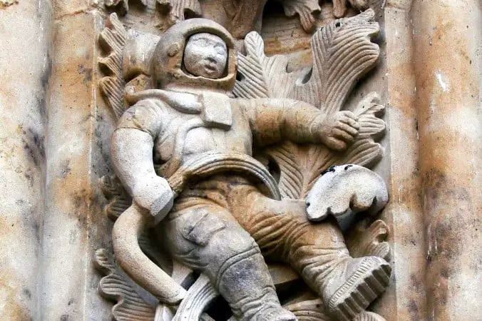 The Salamanca Astronaut sits on the façade on the entrance to the New Cathedral, Salamanca, Spain. (Marshall Henrie/Wikimedia Commons)