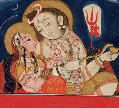 Shiva as a householder with wife Parvati as depicted in an 1820 Rajput painting.