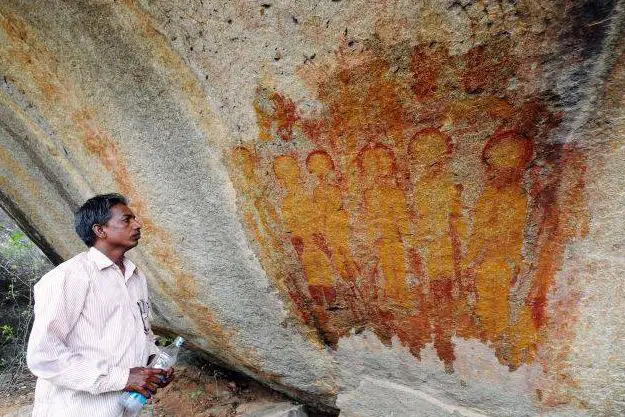 One of the ancient rock paintings carved on caves at Charama in Chhattisgarh's Kanker district. (TOI photo by Amit Bhardwaj) 