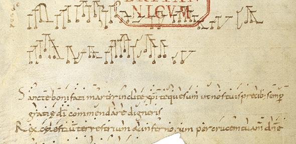 The music was written around the year 900, and represents the earliest example of polyphonic music intended for practical use. Credit: MS Harley 3019. Reproduced with the permission of the British Library Board