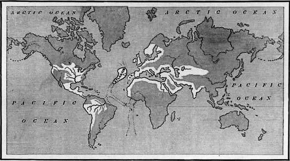 A map showing the supposed extent of the Atlantean Empire. From Ignatius L. Donnelly's Atlantis: the Antediluvian World, 1882.