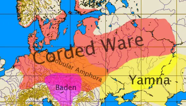 A map showing the approximate extent of the yamna culture between 3200 y2300 a. C. The culture of corded pottery (Corded Ware), globular amphora culture (Globular Amphora) and Baden culture are mentioned.