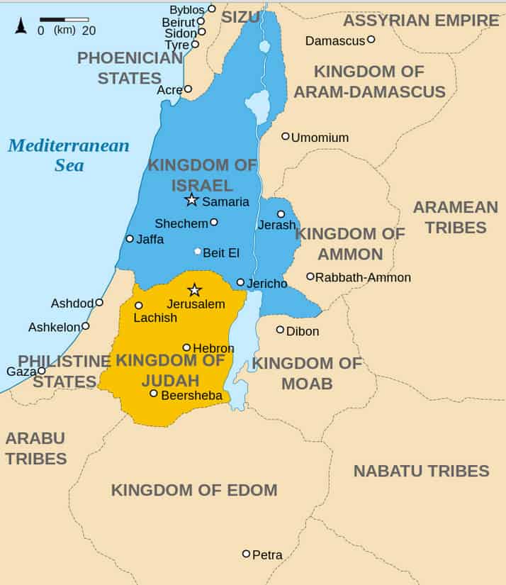 Map showing the Kingdoms of Israel (blue) and Judah (orange), ancient Southern Levant borders and ancient cities such as Urmomium and Jerash. The map shows the region in the 9th century BCE.(Malus Catulus, Wikimedia Commons)
