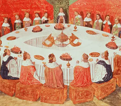 Illustration of 'The Round Table and the Holy Grail', from a manuscript of 'Lancelot-Grail' written by Michel Gantelet, completed in 1470