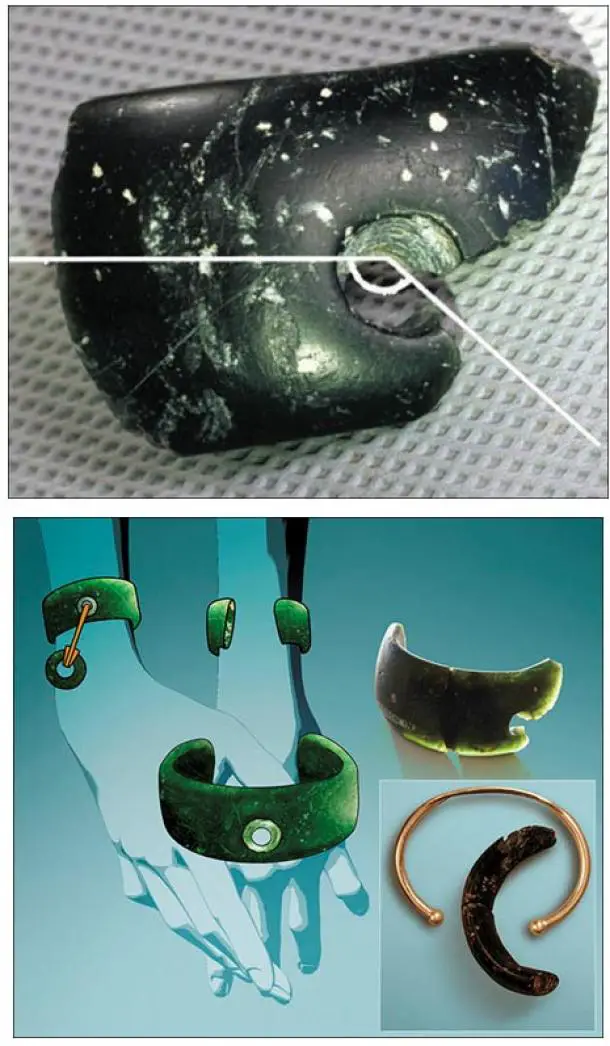Polished zone of intensive contact with some soft organic material. General reconstruction of the view of the bracelet and compraison with the moders bracelet. Pictures: Anatoly Derevyanko and Mikhail Shunkov, Anastasia Abdulmanova
