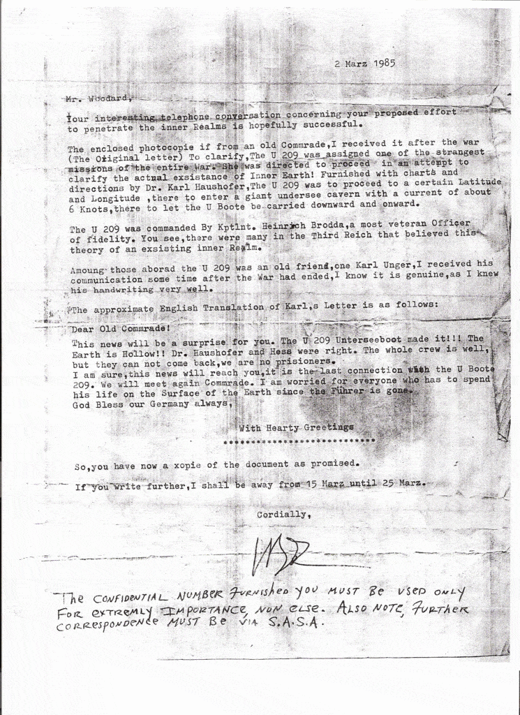 The alleged letter from Karl Unger regarding the Hollow Earth. * Citation needed