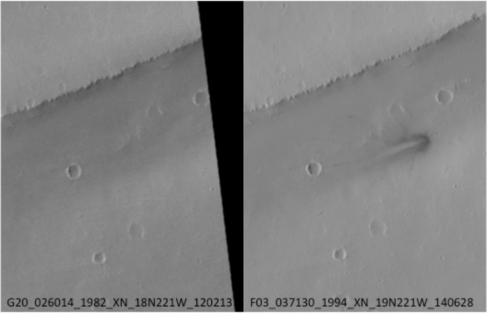 A comparison of the region before and after the disk-shaped object crashed into Mars. 