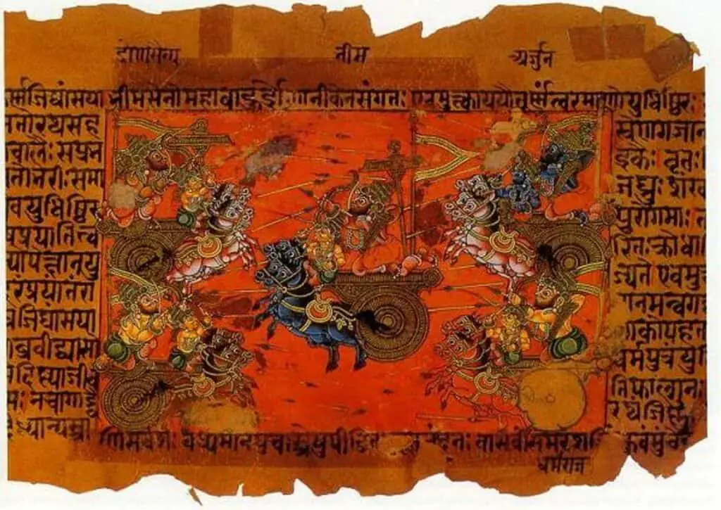 A manuscript illustration of the Sky Battle of Kurukshetra, fought between the Kauravas and the Pandavas, recorded in the Mahabharata Epic