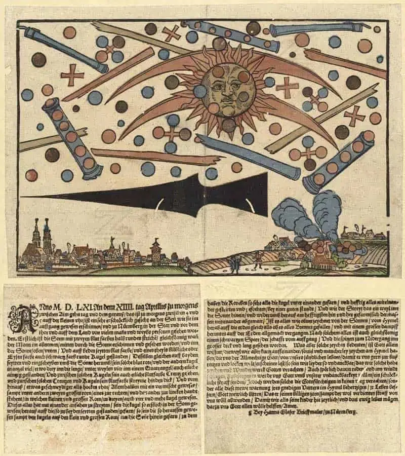 News notice (an early form of newspaper) printed on 14 April 1561 in Nuremberg, describing the celestial phenomenon that occurred over Nuremberg on the 4th of April 1561. From en:Wickiana collection, an important collection of news items from the 16th century. 