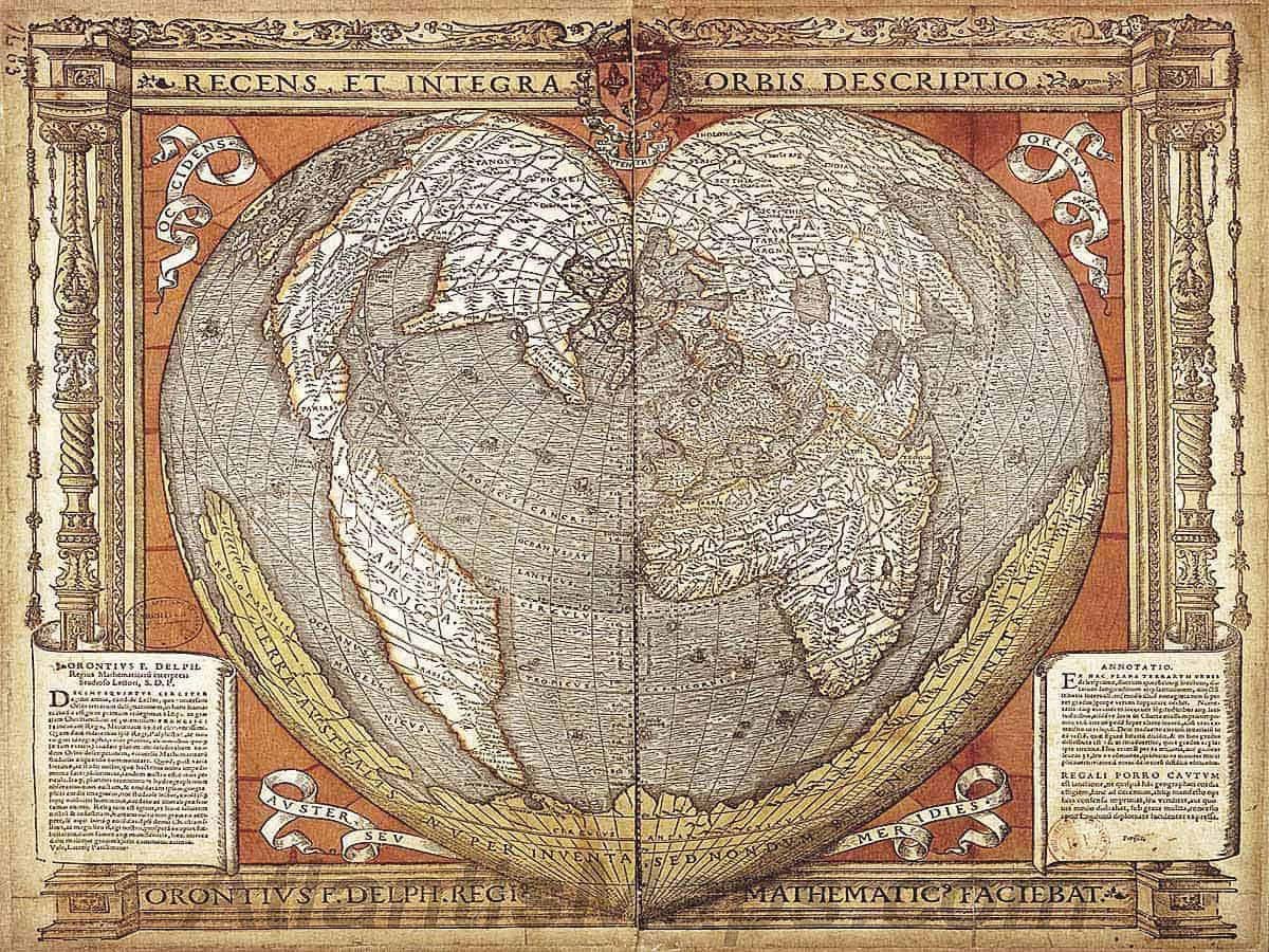 1534: The Oronce Finé World Map. An early cordiform projection which features the Antarctic continent splayed along its southern edge some 300 years before it is believed to have been discovered. An inscription spans the width of the continent, “Southern land newly discovered, but not yet fully explored.”