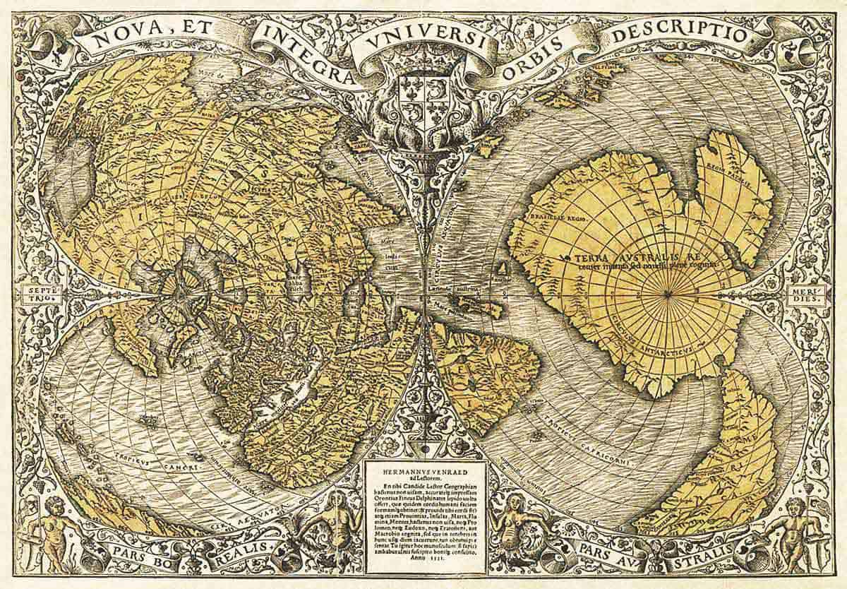 1531: The Oronteus Finaeus map shows Antarctica before it was “discovered” and how it looked ice-free. The map shows rivers, valleys, and mountains... 