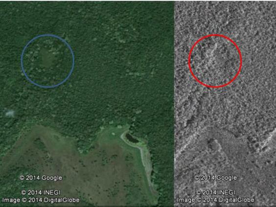 Satellite images compared with Google Earth show what could be man-made structures located deep beneath the jungle canopy (Canadian Space Agency) 