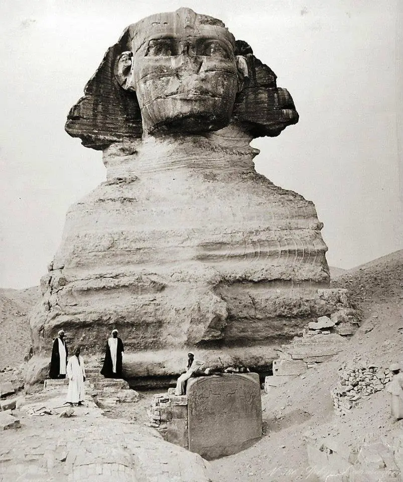 A fascinating image of the Great Sphinx of Egypt before being fully excavated. The image was taken circa 1880.