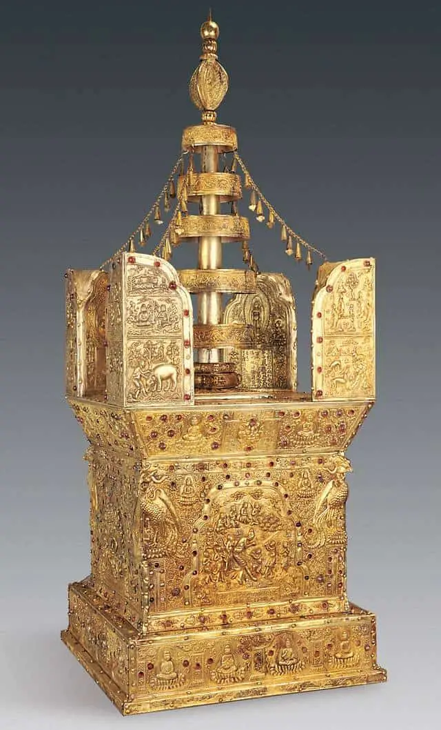 This model of a stupa, which is usually used for meditation, was found hidden beneath Grand Bao'en Temple in Nanjing, China. The 1,000-year-old stupa was created from sandalwood, silver and gold. Credit: Photo courtesy of Chinese Cultural Relics