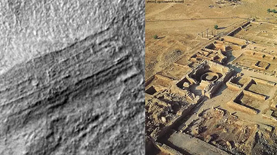 A comparison of the structures on Mars (left) and an archaeological site on Earth (right).
