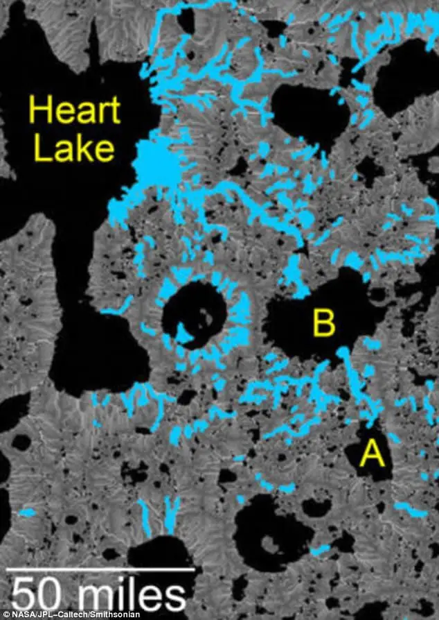 The chain of lakes and valleys in the Heart Lake valley system extend for about 90 miles (about 150 km). Heart Lake held about 670 cubic miles of water (2,790 cubic km), more than in Lake Ontario of North America's Great Lakes 