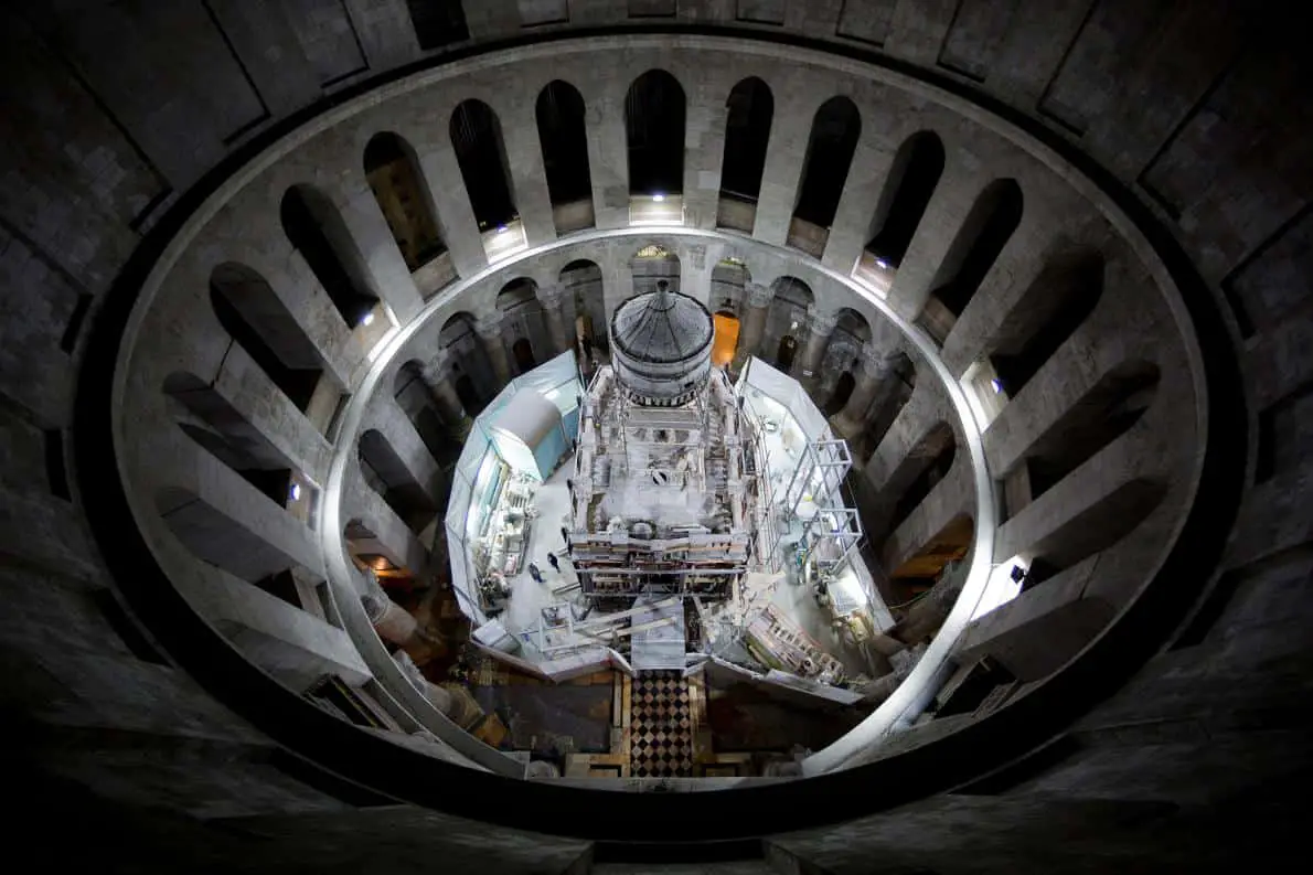 The shrine that houses the traditional burial place of Jesus Christ is undergoing restoration inside the Church of the Holy Sepulchre in Jerusalem. PHOTOGRAPH BY ODED BALILTY, AP FOR NATIONAL GEOGRAPHIC