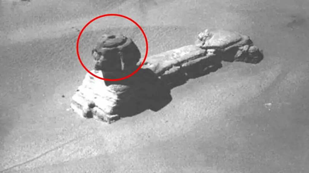 An old image of the Sphinx of Giza with an opening on its head