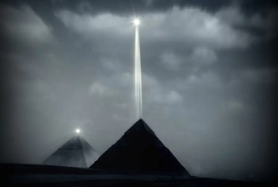 An illustration showing the Pyramids and an energy beam