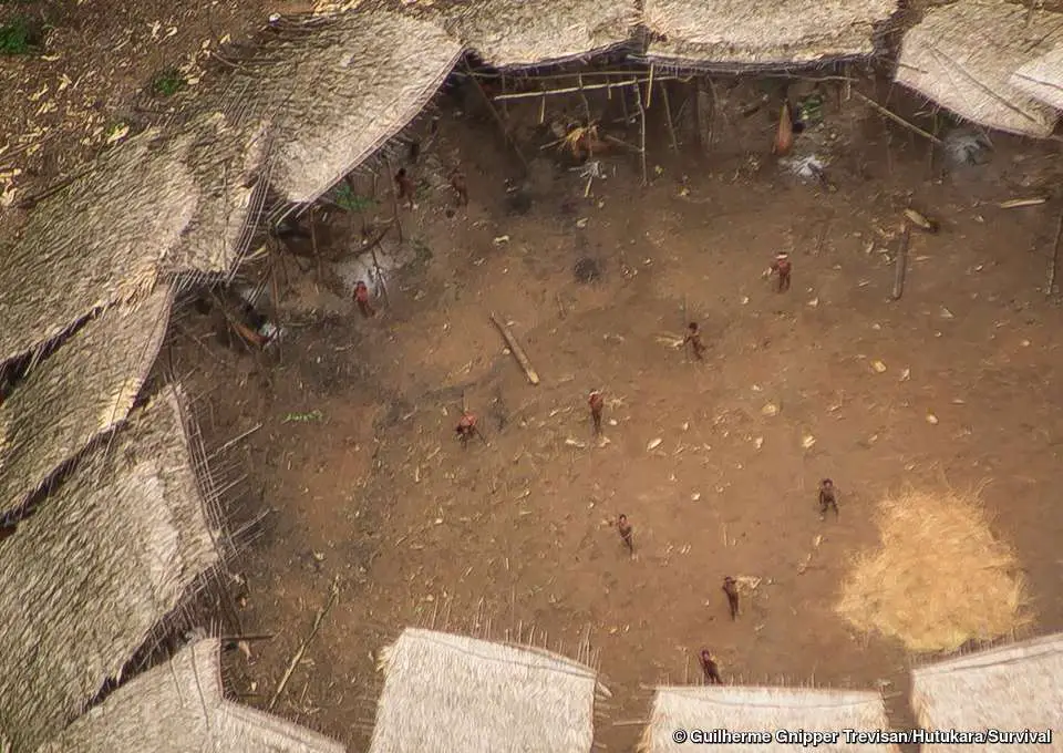 Uncontacted Yanomami seen from the air in the center of their yano estimated to be home to around 100 individuals.