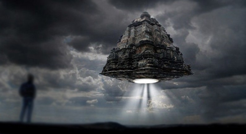 An artists rendering of a flying Vimana. 