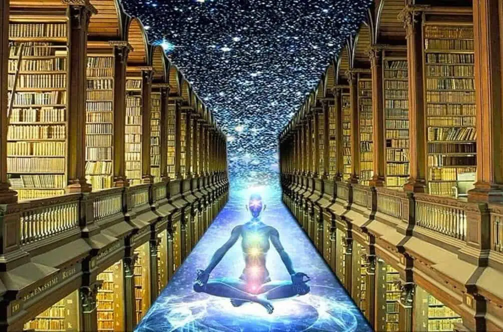 An illustration of meditation, the stars and a mystic library