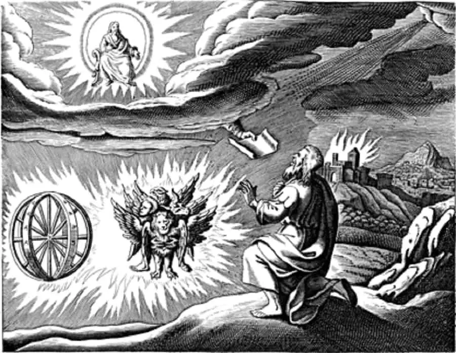 One traditional depiction of the cherubim and chariot vision, based on the description by Ezekiel.