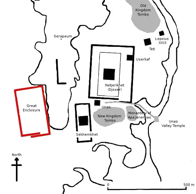 Gisr el-Mudir (Great Enclosure, red) on the map of Saqqara