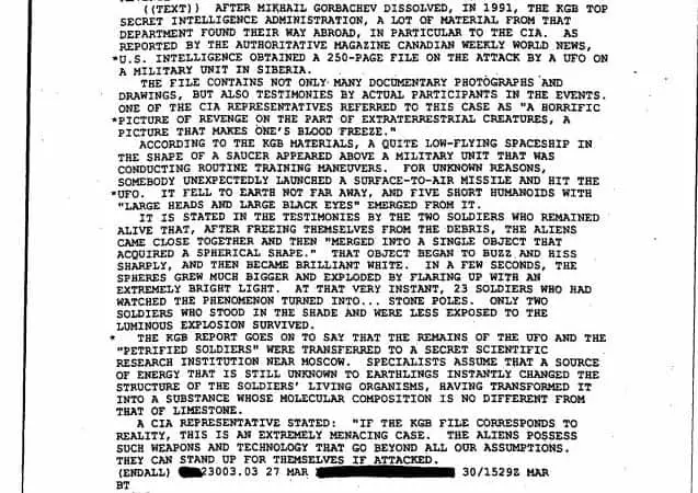 CIA document states “Russian soldiers were turned to stone” after Alien attack
