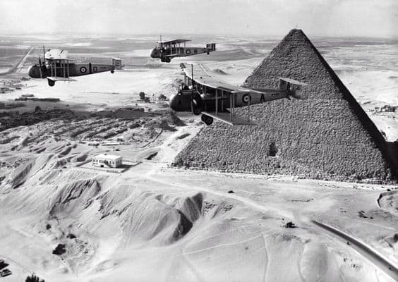 Vickers Valentias bomber transporters flying past the Great Pyramid of Khufu at Giza in 1936. The pyramids original entrance can be clearly seen. Photo Charles Brown Getty Images