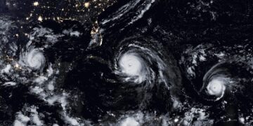 three hurricanes as seen from space